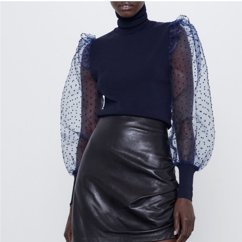 Zara Navy Top with Sheer Sleeves